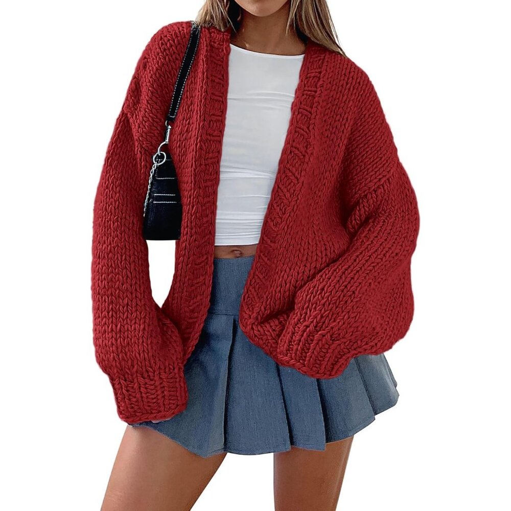 Womens Trendy Cardigan Sweaters Jujube Red Long Sleeve Chunky Knit Outfits